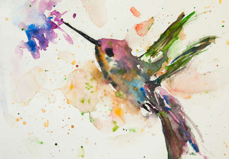 Hummingbird and flower, impressionism style in watercolor painting, home decorateの写真素材