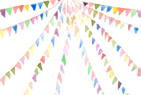 Colorful bunting flags on white background, watercolor hand painted on paperの写真素材