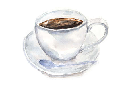 White cup of hot coffee on white, watercolor illustratorの写真素材