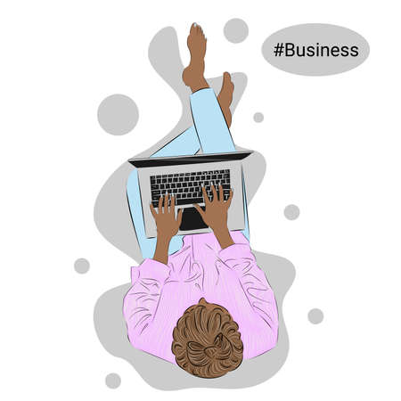 Illustration of a woman with a laptop in her hands. The concept of work from home.の写真素材