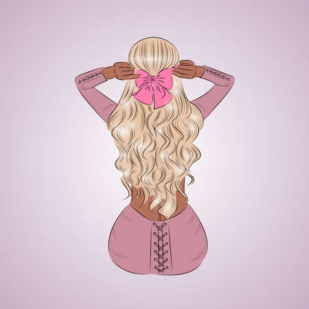 A girl with long hair and a bow on her head. Vector illustration.の写真素材