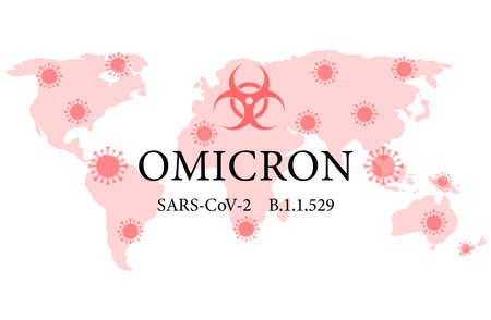 Omicron B.1.1.529 is a new variant of the biohazard mutated COVID-19 SARS-CoV-2 virus on a demo world infographic map found in South Africa Omicron text infographic. Vector illustrationのイラスト素材