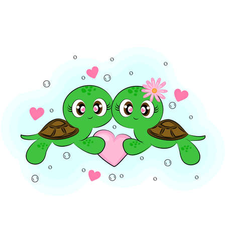 turtles cute characters Valentine's Day greeting card with cartoon turtle characters in water with hearts bubbles print on textiles for t-shirt gift wrapping decoration cute childrens illustration Vector illustrationのイラスト素材