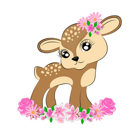 Deer cute character valentines day greeting card with cartoon deer bambi characters with flowers t-shirt textile print gift wrapping decoration cute childrens illustration Vector illustrationのイラスト素材