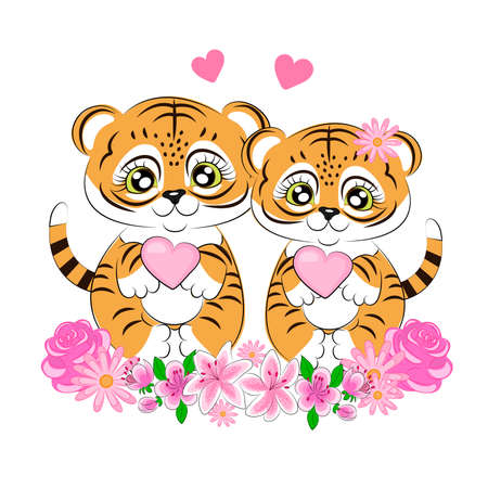 Tiger symbol of the year couples in love with an illustration of a heart shape greeting card for Valentines Day cartoon print on textiles for gift wrapping on a postcard vector illustrationのイラスト素材
