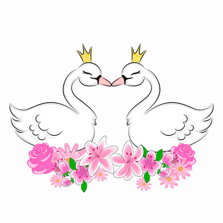 Couple of swans floating together for Valentines Day with swans for designer print textile postcards gift wrapping congratulations brochure Vector illustrationのイラスト素材