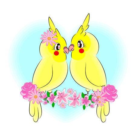 Parrots cute couple for Valentines Day print on textiles on a t-shirt for gift wrapping for decorating greeting cards and childrens room wallpaper invitation poster Vector illustrationのイラスト素材
