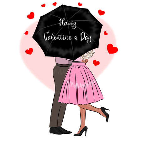 Young couple in love under an umbrella Retro style Love Fashionable card printing on textiles or gift wrapping Happy Valentine's Day Couple in love woman and man romantic date February 14 Vector illustrationのイラスト素材