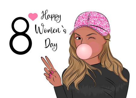 Beautiful, modern, cool, girl in a cap, shows two fingers, with chewing gum, congratulations on...