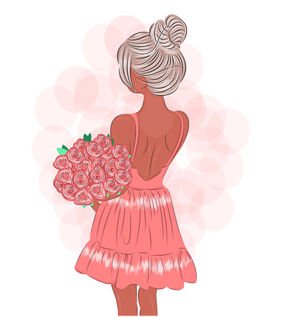 Young girl with a bouquet of roses, Happy woman with a luxurious hairstyle, print on textiles, on a T-shirt, on gift wrapping, International Women's Day, design of a postcard, poster, interior design, fashion illustration Vector illustrationのイラスト素材