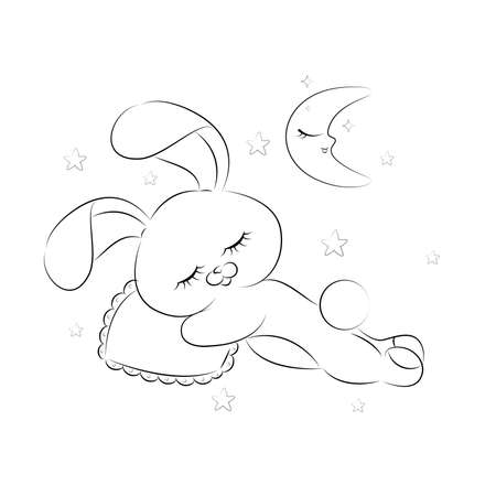 Sketch of a Sleeping rabbit with a crescent moon Black outlines on a white background.Easy Coloring book for children, Happy cute little bunnies, beautiful easter illustration, black and white vector cartoon for coloring book Vector illustration. Vector illustrationのイラスト素材