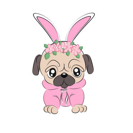 Cute pug dog with Bunny ears in an Easter costume. illustration on a white background Cute animal, pug breed illustration, Print on textiles, on a T-shirt, on a postcard, on packagingのイラスト素材