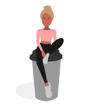 A beautiful blonde woman sits on a large glass of coffee, a print for a t-shirt, textile, packaging, postcard or poster. trendy flat illustration. Stylish vector illustration designのイラスト素材