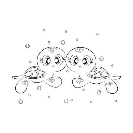 Cute turtles swim in the water with bubbles, sketch of turtles, outlines on a white background. Easy coloring book for kids, Happy animals, beautiful illustration, black and white vector cartoon for coloring book Vector illustrationのイラスト素材