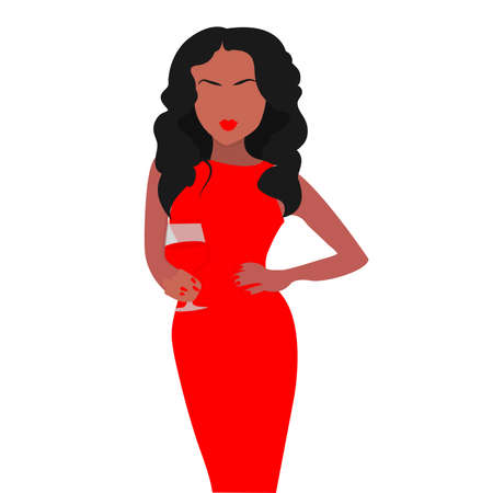 Flat Fashion girl with a glass of champagne and in a cocktail red dress, with luxurious black hair, flat illustration, stylish trendy, fashion illustration, print on textiles on a t-shirt on a package Vector illustration. Vector illustrationのイラスト素材