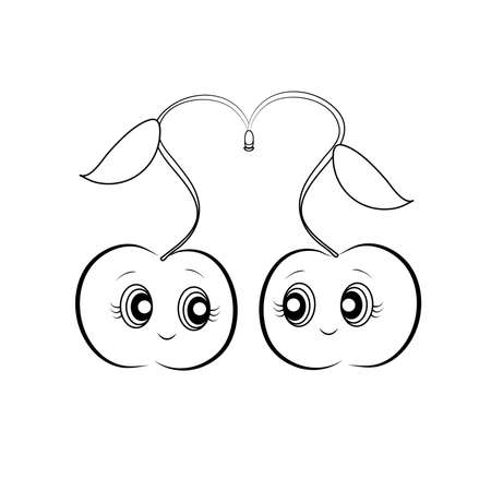 Coloring book with cute cherry halves Outline illustration isolated on white background. one line. Coloring book for children and adults. Print for t-shirt, cup, childrens clothing.のイラスト素材
