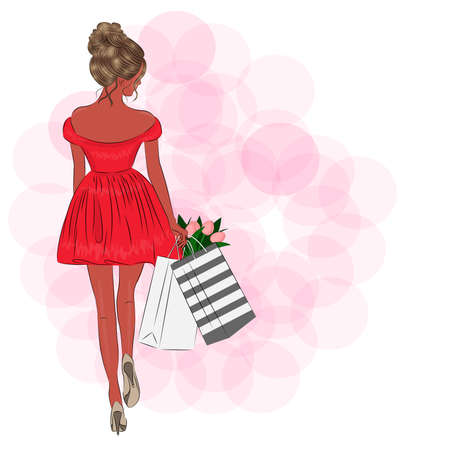 A beautiful woman goes shopping on March 8. Womens holiday, a happy cute girl makes purchases, gifts packages, line design, print for postcards, gift packaging, for textilesのイラスト素材
