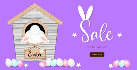 Easter sale banner, with a Funny bunny hiding in a mink, and colorful eggs, Happy Easter holiday, banner or template on a purple background, text editable.の写真素材