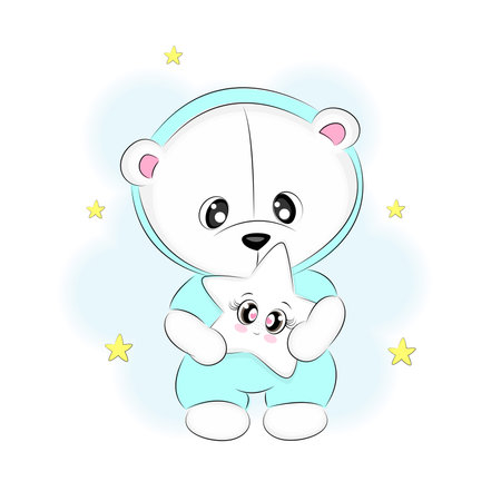 Cute white bear, polar bear, holding a star, cute childrens illustration, for card design, print on textiles, on a t-shirt or gift box, childrens room decoration, vector illustration.のイラスト素材
