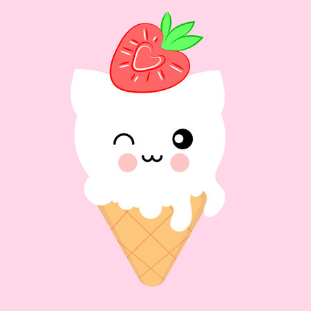 Ice cream character kawaii cat, Japanese style, treat, sweet with strawberry, sticker, textile print, t-shirt, packagingのイラスト素材
