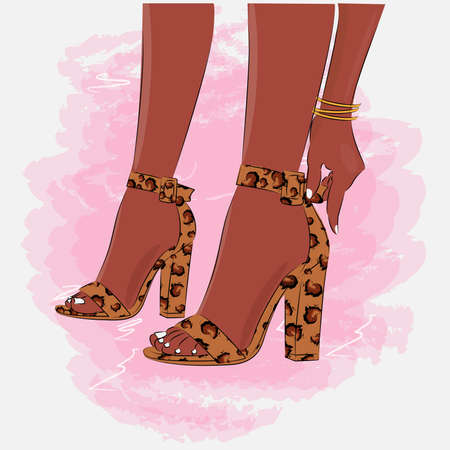 Womens legs in high heels leopard print, fashion illustration, Womens legs in shoes, Cute girly design, fashion style, print on textiles, t-shirt or packagingの写真素材