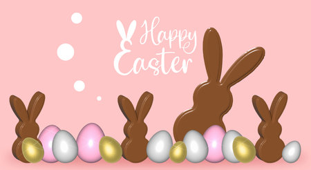 Easter Banner, Design Chocolate Bunny with Eggs, Festive 3d Composition, Modern Creative Template,...