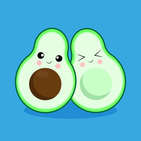 Avocado Kawaii cute mascot face emotion Happy fruit slices with colorful flat cartoon style, avocado emoji banner template vector.のイラスト素材