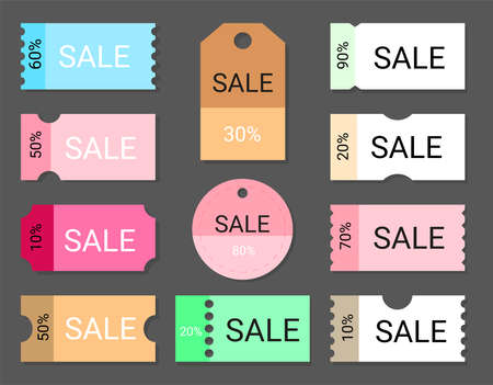 Set of different coupons big sale advertising for internet advertising website, social networks, discount coupon for super sale trends Vectorのイラスト素材
