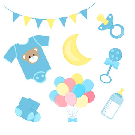 Set of icons of baby products for a boy in muted pastel blue colors nipple, toy, clothes, bottle with mixture, balls, socks, color vectorのイラスト素材