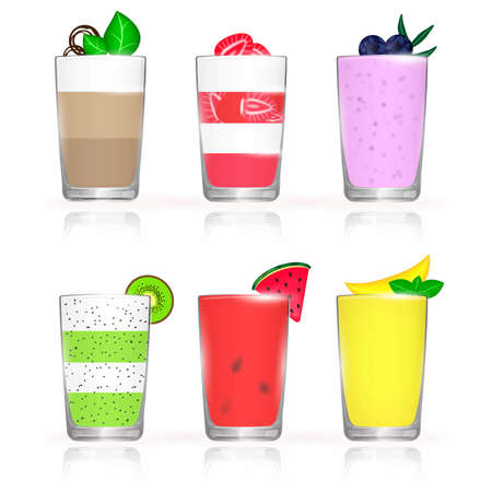 Set of realistic smoothies in glasses, Chocolate, Strawberry, blueberry, kiwi, watermelon, mango, fresh drinks, Juice for fitness and healthy lifestyle, vectorのイラスト素材