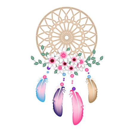 Realistic Dreamcatcher with threads, beads and feathers, boho style, Native American tribal symbol ,Ethnic dreamcatcher silhouette, vectorのイラスト素材