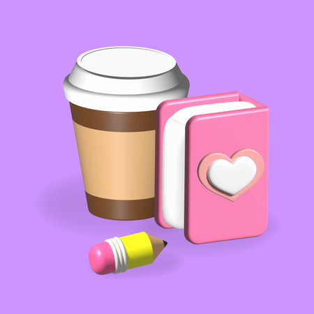 Coffee in a cardboard mug and a diary with a pencil, 3d vectorのイラスト素材
