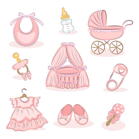 Set of pink color baby supplies for a girl, Baby clothes and accessories, motherhood concept, baby shower vector, isolated elementsのイラスト素材