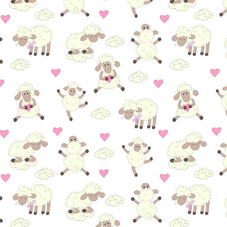 Cute sheep, Seamless pattern, doodle style, printing on fabric, packaging, textile, vectorのイラスト素材