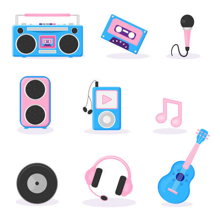 Music equipment set ,retro cassette, tape recorder, microphone, vintage music, party mix stereo set. Vectorのイラスト素材