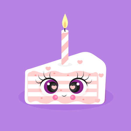 Cute birthday cake character with one candle isolated on purple background, birthday cake vector , textile print, postcard, packagingのイラスト素材