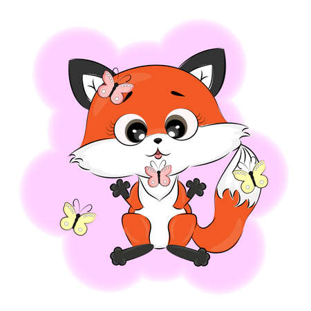Cartoon red fox with butterflies, funny character, isolated vector illustration,forest animals, textile print, postcard, packaging, posterのイラスト素材