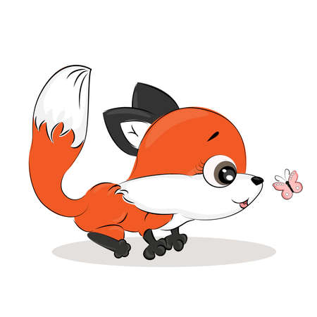 Cartoon red fox with butterflies, funny character, isolated vector illustration, forest animals, textile print,postcard, packaging, posterのイラスト素材