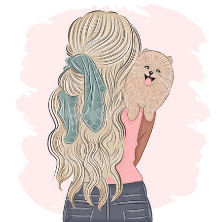 Stylish girl with a dog back view vector illustration, print for textiles, postcard,packagingのイラスト素材