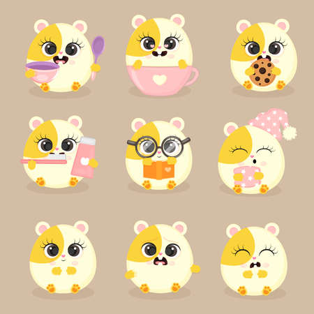 Set of Cute guinea pig with different emotions stylized as flat illustration, pet, web, textile print,postcard or packaging, vector illustration.のイラスト素材