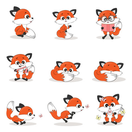 Set of cartoon red fox, funny character,vector illustration, forest animals, textile print, postcard, packaging, posterのイラスト素材