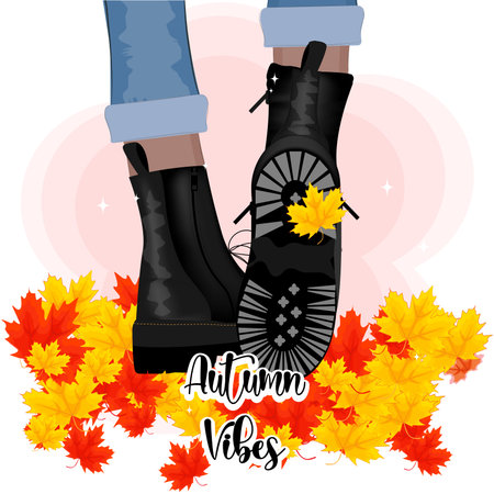 Autumn vibes,Women's boots in foliage, autumn maple leaves, vector illustrationのイラスト素材