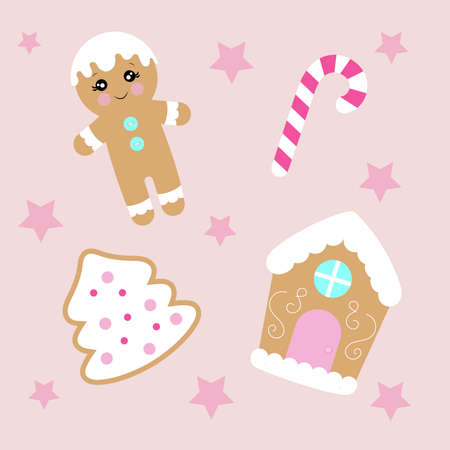 Christmas cookies and sweets in the form of figurines on a pink background. The concept of festive baking. Set for decorating gift wrappers, textiles, children's accessories. Vector illustrationのイラスト素材