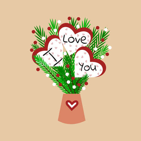 Christmas tree with hearts for lovers gift card for the second half new year illusion of the holiday concept. Vector illustrationのイラスト素材
