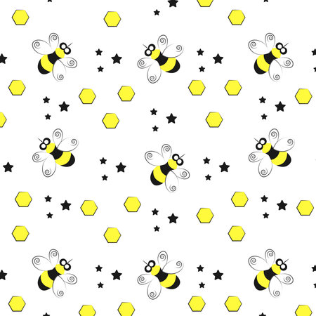 for decorating textile wallpaper. Vector nature seamless pattern with hand drawn bees. Doodle style doodle illustration. Seamless pattern on a white background. Small wasp. Vector illustration.のイラスト素材