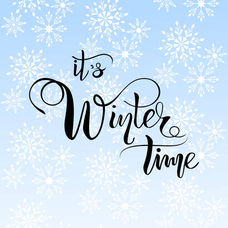 Winter time lettering text on blue background, vector illustrationのイラスト素材
