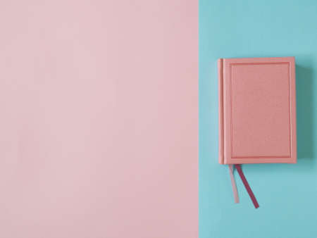 Pink diary on pink and blue background. Duo tones.の写真素材