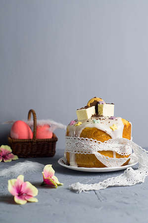 Easter cake on a wooden backgroundの写真素材