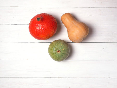 Assortment of autumn pumpkins isolated on white background. The view from the top.