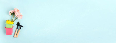 Flowers in pots for seedlings, garden tools on a soft blue background. Concept of a flower and garden store. Garden and vegetable garden.の写真素材